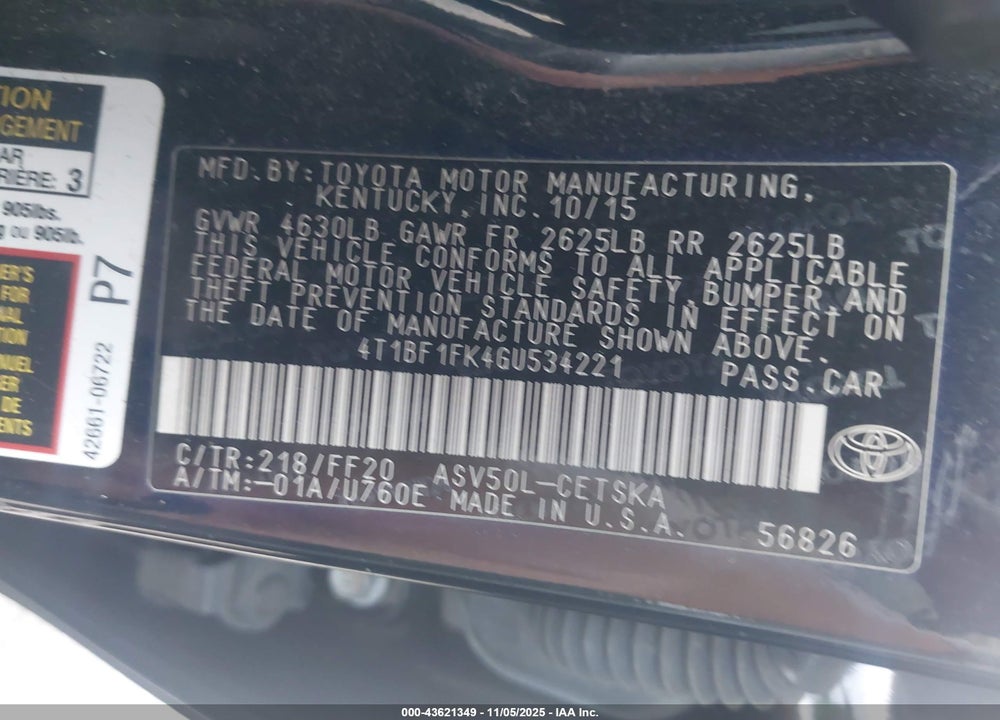2016 TOYOTA CAMRY SE VIN: 4T1BF1FK4GU534221