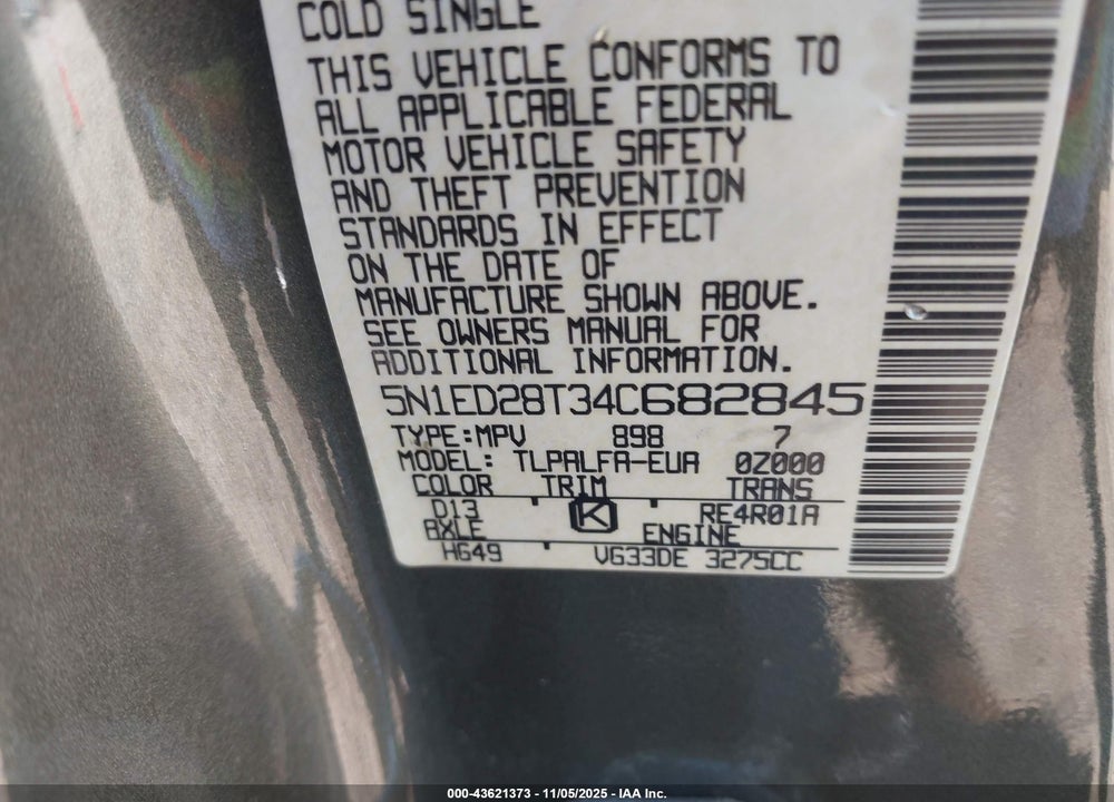 2004 NISSAN XTERRA VIN: 5N1ED28T34C682845