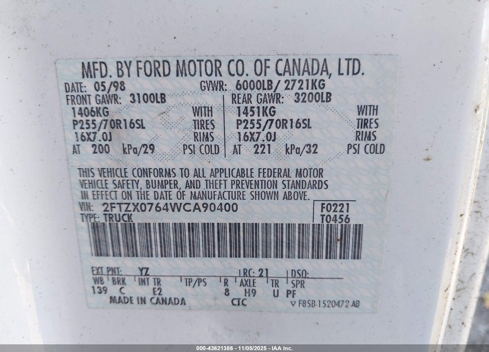 1998 FORD F-150 VIN: 2FTZX0764WCA90400