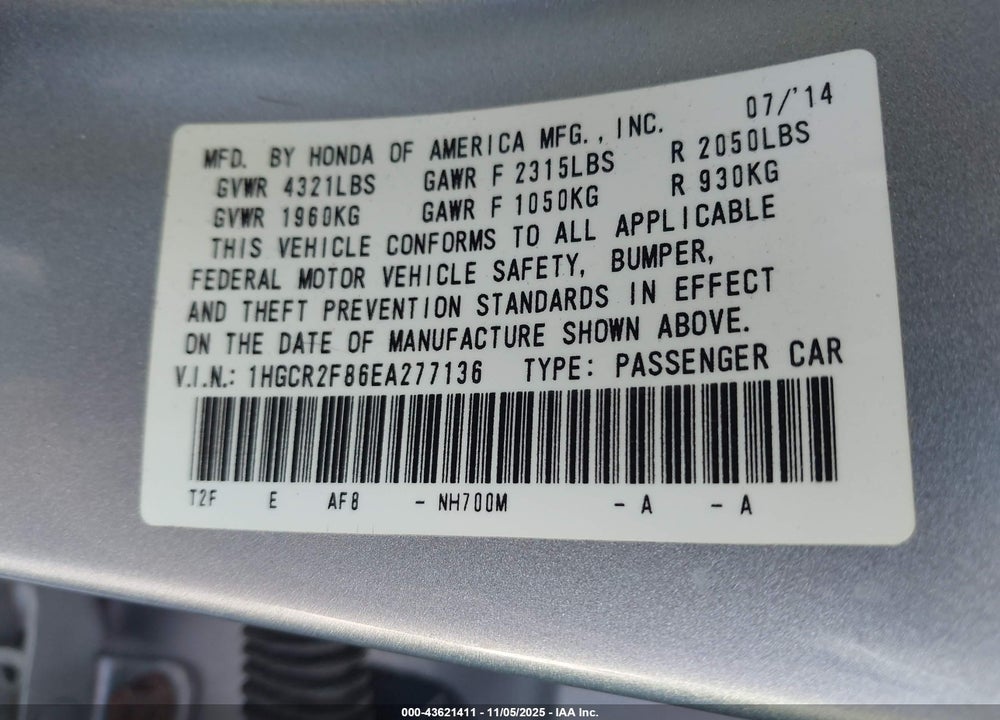 2014 HONDA ACCORD EX-L VIN: 1HGCR2F86EA277136