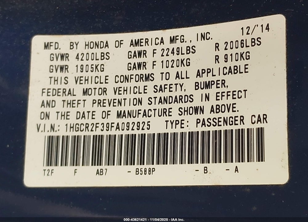 2015 HONDA ACCORD LX VIN: 1HGCR2F39FA092925