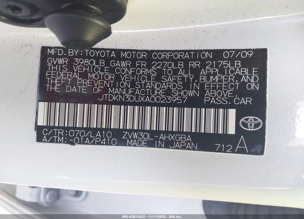 2010 TOYOTA PRIUS V VIN: JTDKN3DUXA0023957