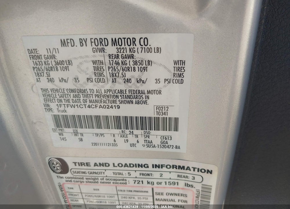 2012 FORD F-150 FX2 VIN: 1FTFW1CT4CFA02419