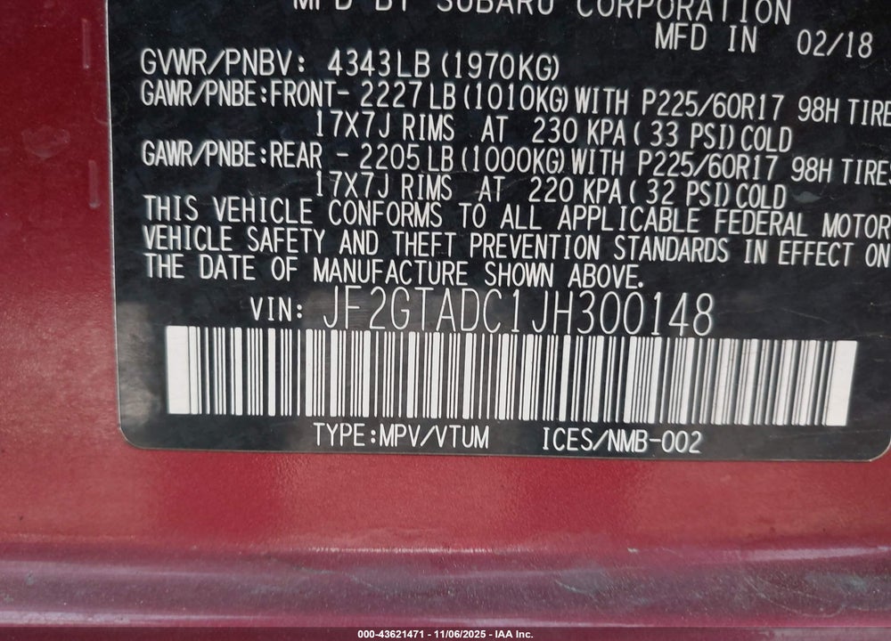 2018 SUBARU CROSSTREK 2.0I PREMIUM VIN: JF2GTADC1JH300148
