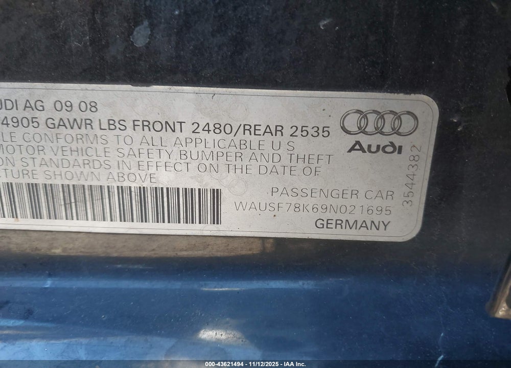 2009 AUDI A4 VIN: WAUSF78K69N021695