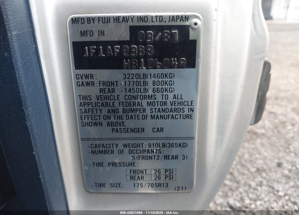 1987 SUBARU GL VIN: JF1AF23B8HB106049