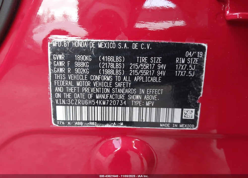 2019 HONDA HR-V EX VIN: 3CZRU6H54KM720734