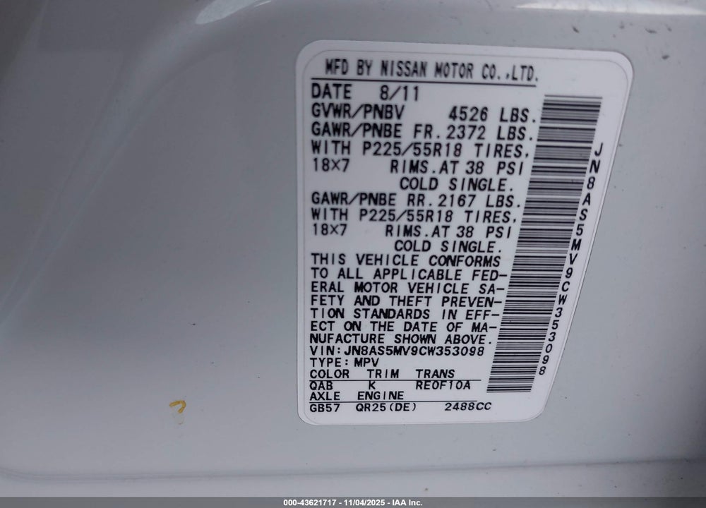 2012 NISSAN ROGUE VIN: JN8AS5MV9CW353098