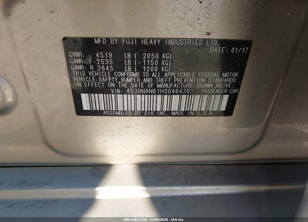 2017 SUBARU LEGACY VIN: 4S3BNAN61H3046475