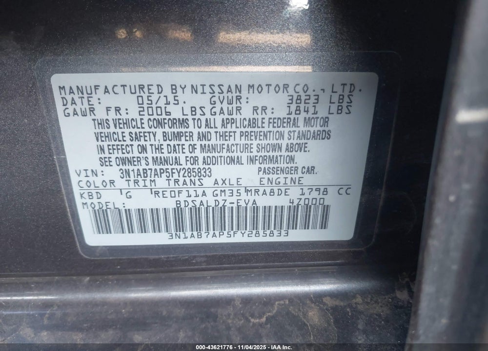 2015 NISSAN SENTRA VIN: 3N1AB7AP5FY285833