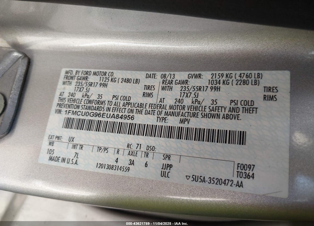 2014 FORD ESCAPE VIN: 1FMCU0G96EUA84956