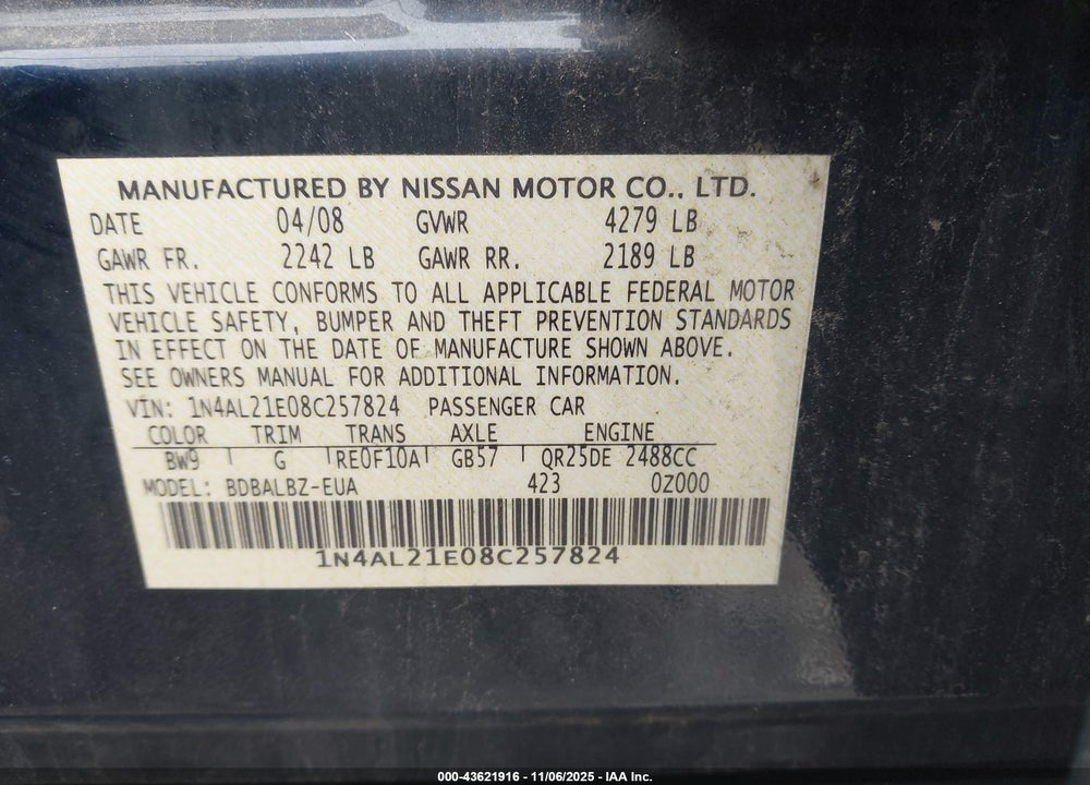 2008 NISSAN ALTIMA 2.5 S VIN: 1N4AL21E08C257824