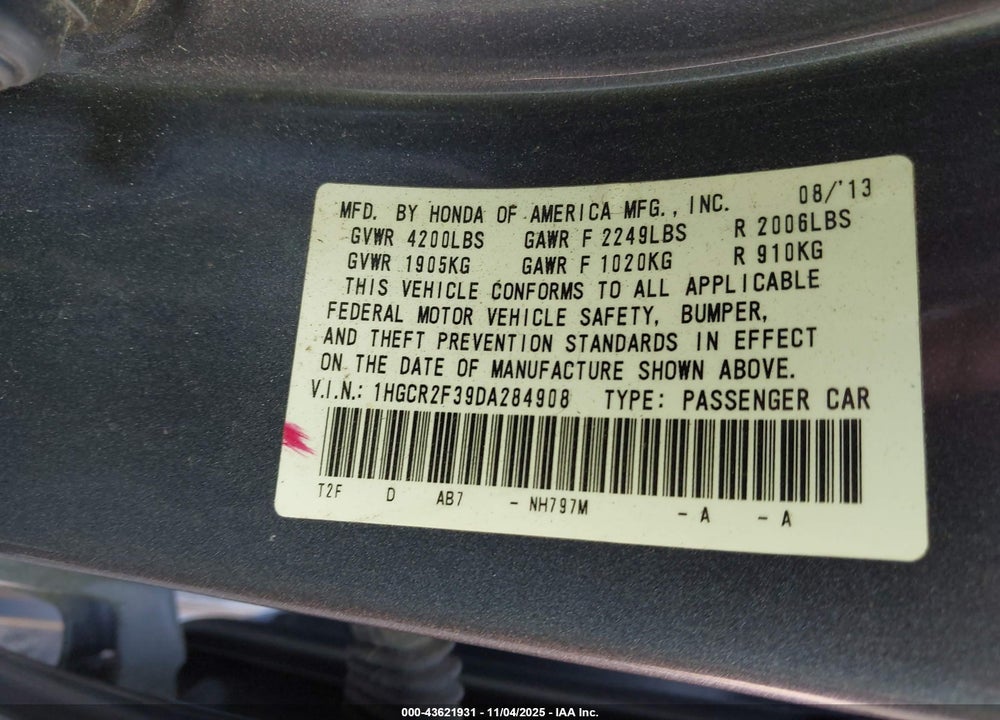 2013 HONDA ACCORD LX VIN: 1HGCR2F39DA284908