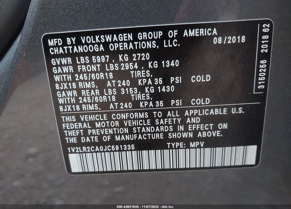 2018 VOLKSWAGEN ATLAS 3.6L V6 SE/3.6L V6 SE W/TECHNOLOGY VIN: 1V2LR2CA0JC591335