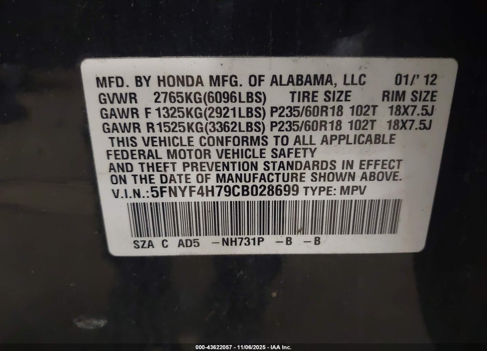 2012 HONDA PILOT VIN: 5FNYF4H79CB028699