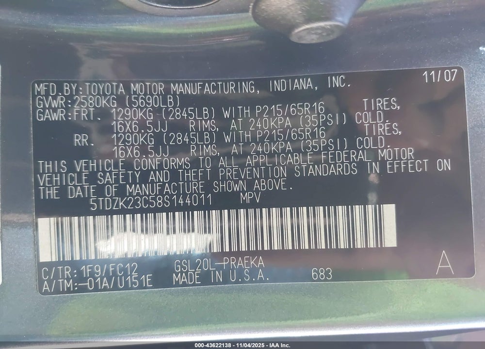 2008 TOYOTA SIENNA LE VIN: 5TDZK23C58S144011