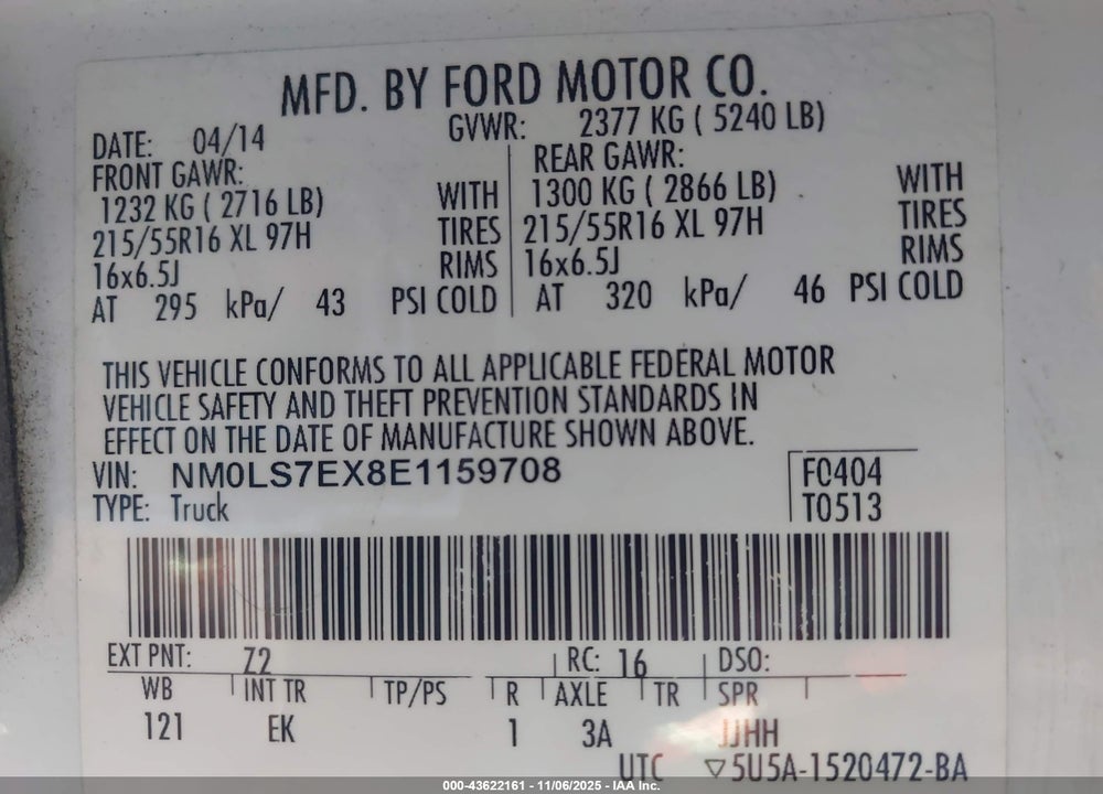 2014 FORD TRANSIT CONNECT XL VIN: NM0LS7EX8E1159708