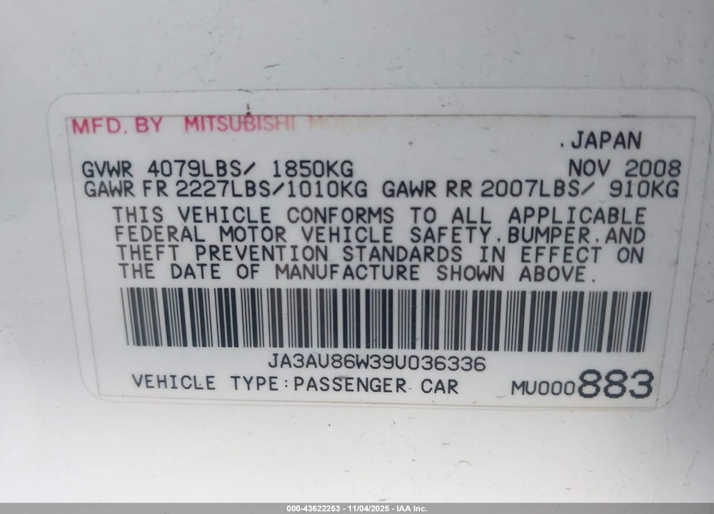 2009 MITSUBISHI LANCER GTS VIN: JA3AU86W39U036336