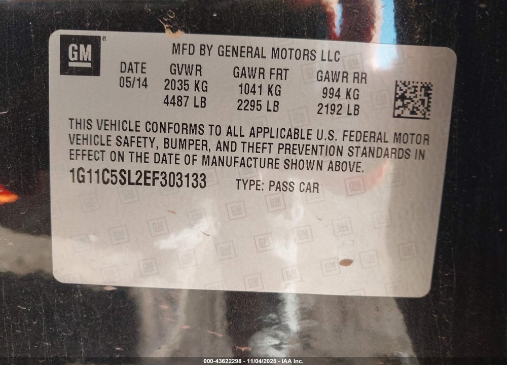 2014 CHEVROLET MALIBU VIN: 1G11C5SL2EF303133