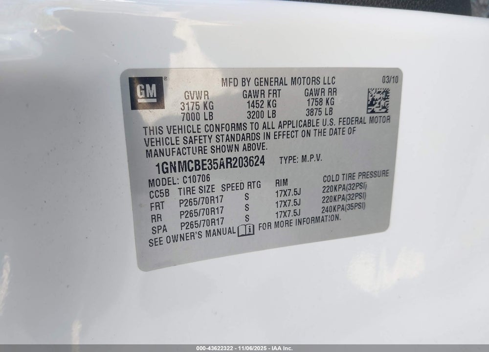 2010 CHEVROLET TAHOE LT VIN: 1GNMCBE35AR203624