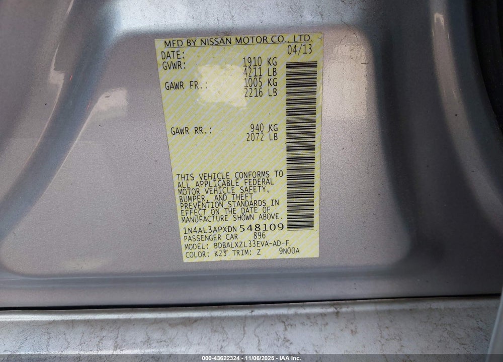 2013 NISSAN ALTIMA 2.5 SL VIN: 1N4AL3APXDN548109