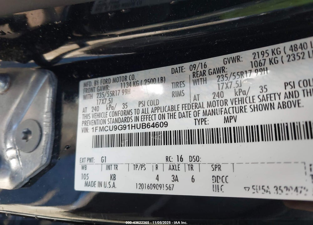 2017 FORD ESCAPE VIN: 1FMCU9G91HUB64609