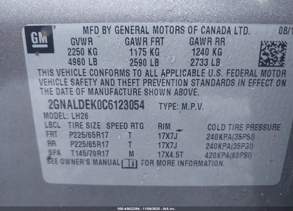 2012 CHEVROLET EQUINOX VIN: 2GNALDEK0C6123054