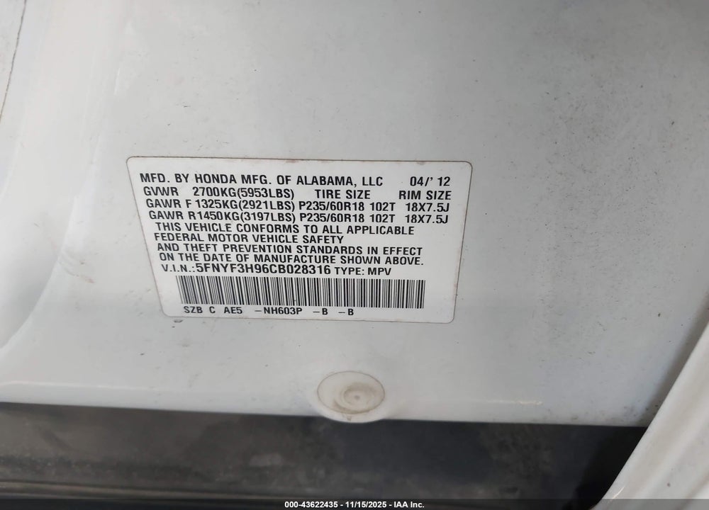 2012 HONDA PILOT TOURING VIN: 5FNYF3H96CB028316