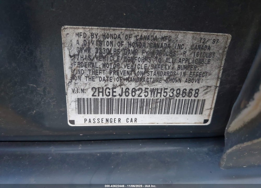 1998 HONDA CIVIC DX VIN: 2HGEJ6625WH539668