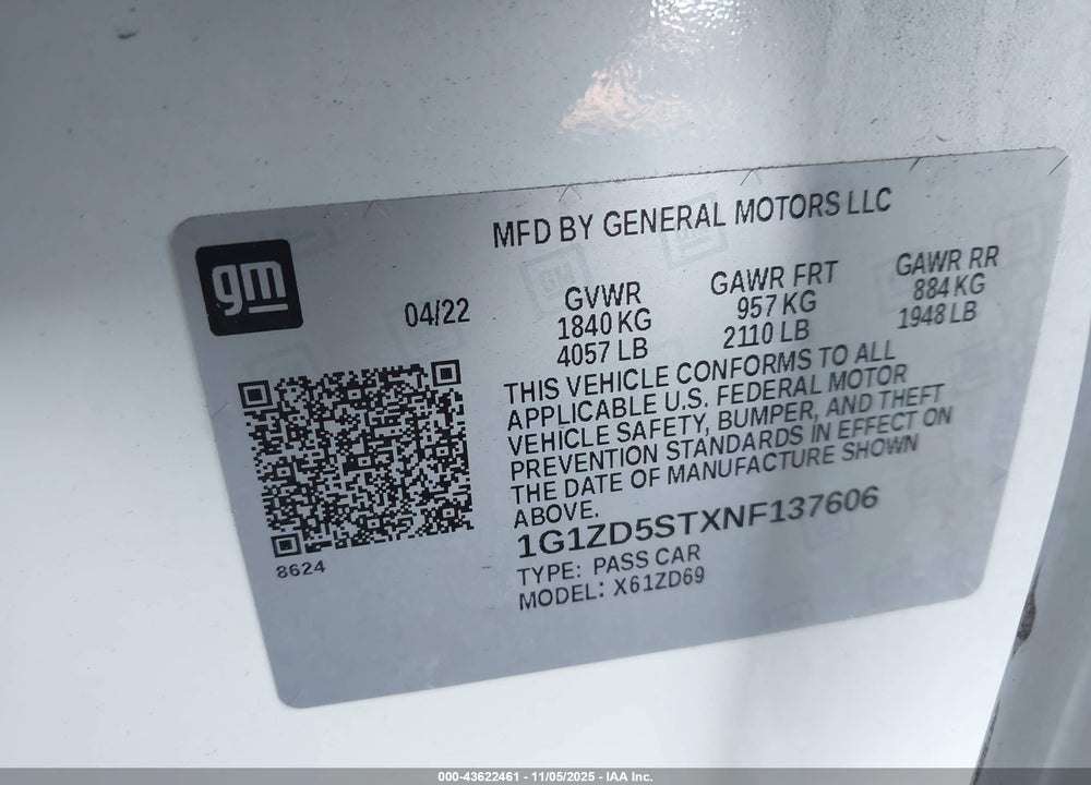 2022 CHEVROLET MALIBU VIN: 1G1ZD5STXNF137606