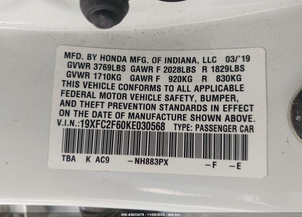 2019 HONDA CIVIC LX VIN: 19XFC2F60KE030568
