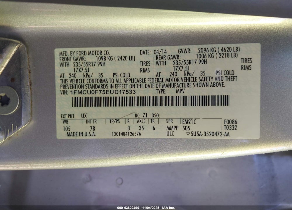 2014 FORD ESCAPE S VIN: 1FMCU0F75EUD17533
