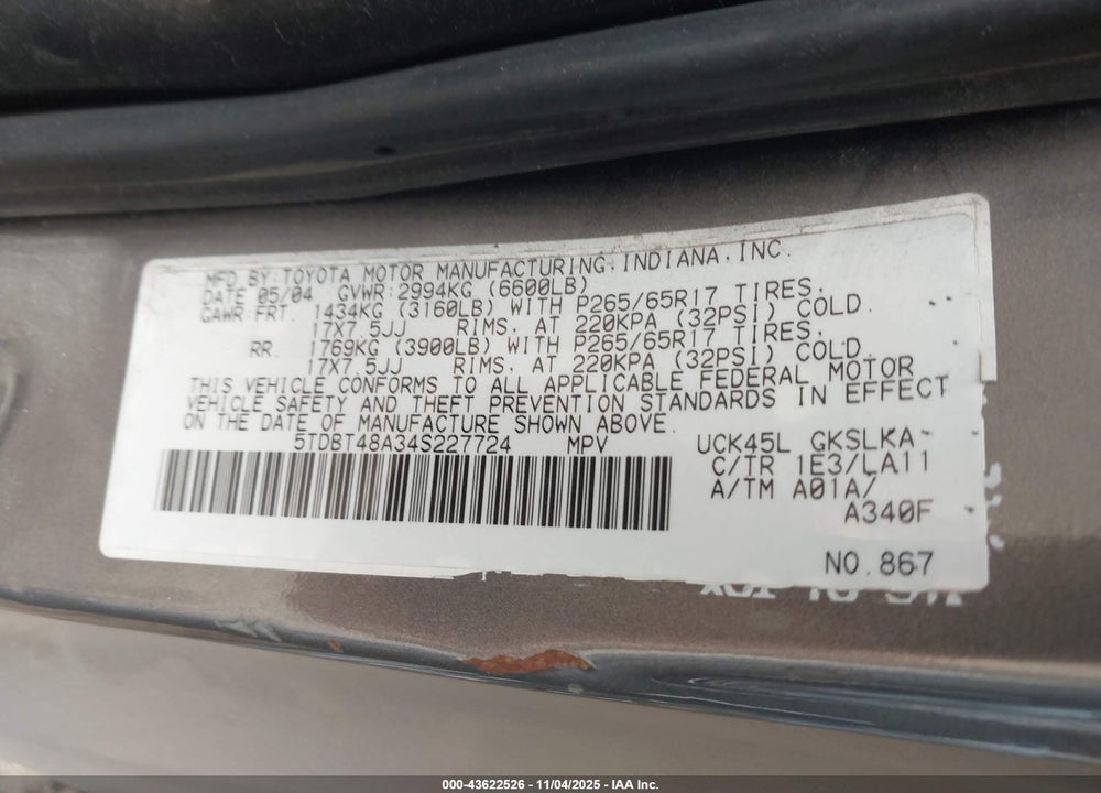 2004 TOYOTA SEQUOIA LIMITED V8 VIN: 5TDBT48A34S227724