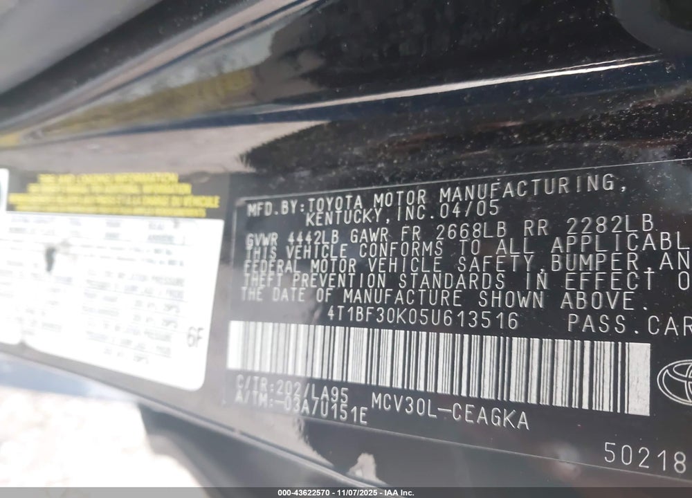 2005 TOYOTA CAMRY XLE V6 VIN: 4T1BF30K05U613516