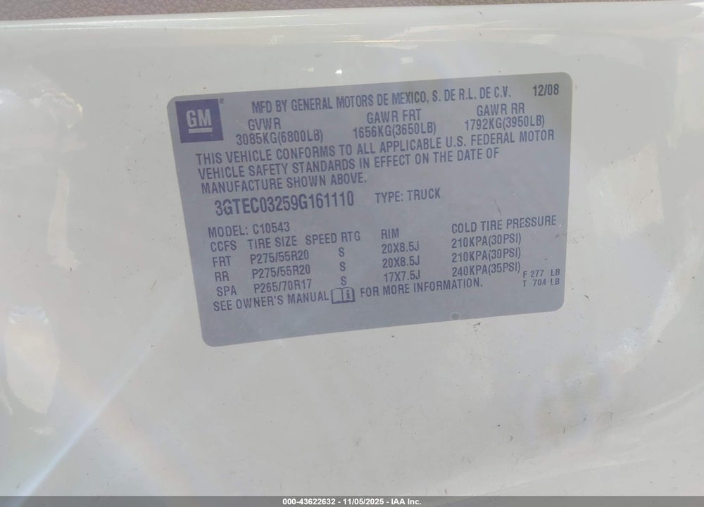 2009 GMC SIERRA 1500 VIN: 3GTEC03259G161110