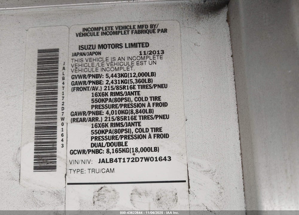 2013 ISUZU COMMERCIAL VAN VIN: JALB4T172D7W01643