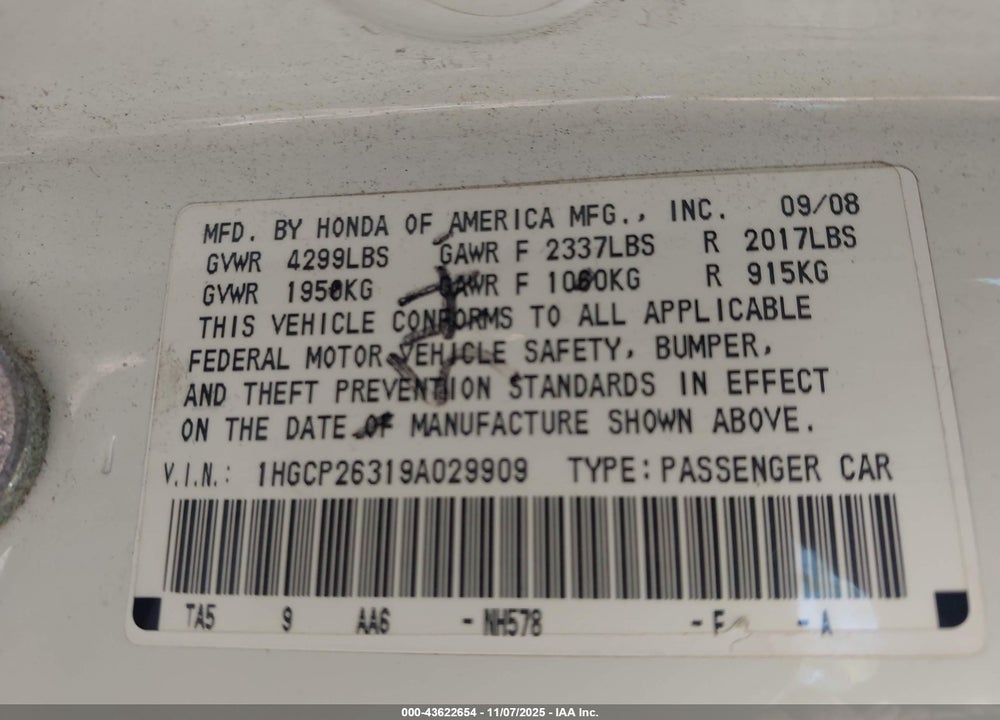 2009 HONDA ACCORD 2.4 LX VIN: 1HGCP26319A029909