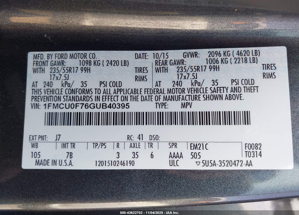 2016 FORD ESCAPE S VIN: 1FMCU0F76GUB40395