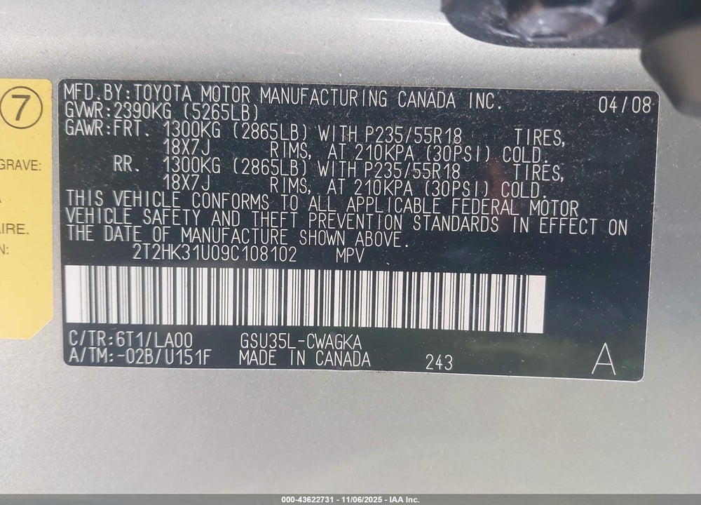 2009 LEXUS RX 350 VIN: 2T2HK31U09C108102