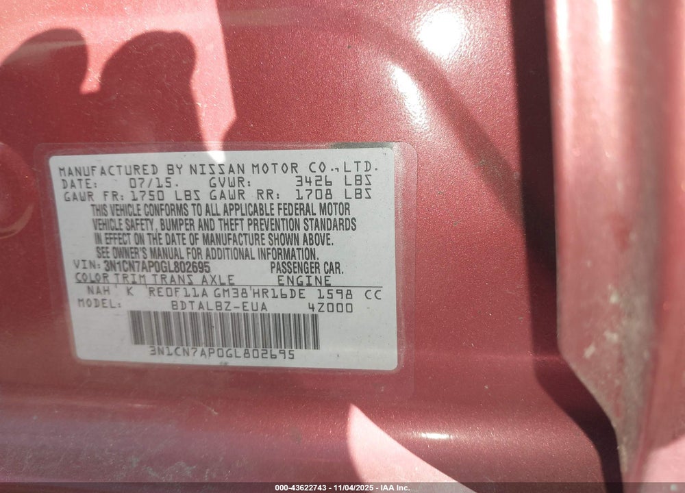 2016 NISSAN VERSA 1.6 S/1.6 S+/1.6 SL/1.6 SV VIN: 3N1CN7AP0GL802695