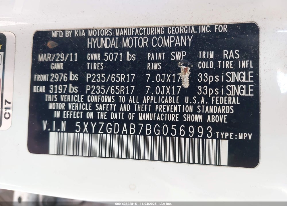 2011 HYUNDAI SANTA FE VIN: 5XYZGDAB7BG056993