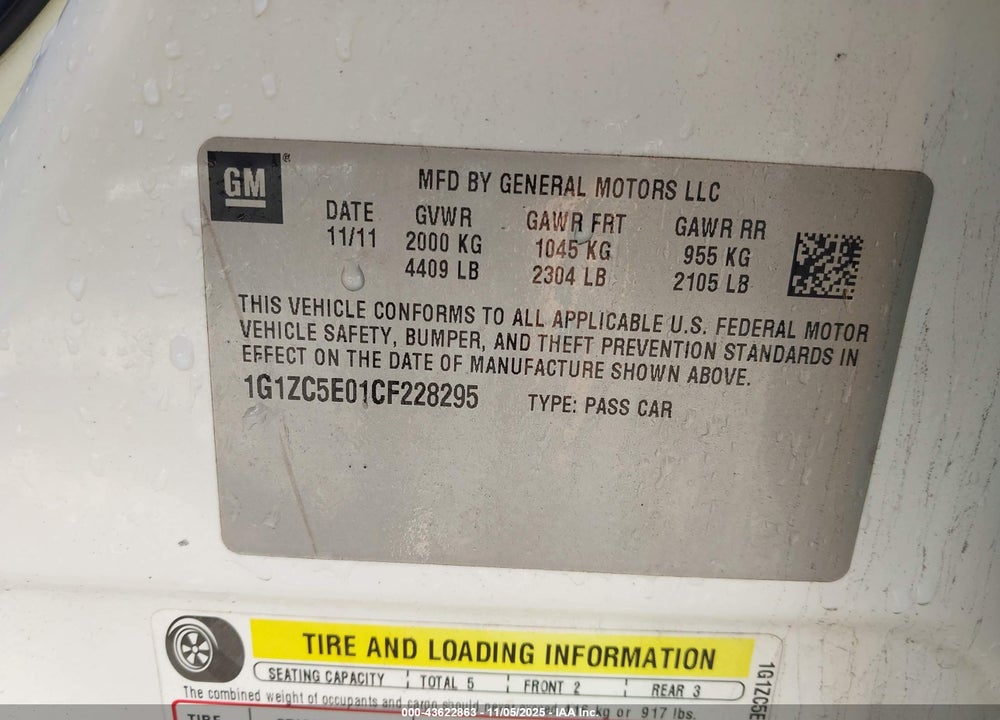 2012 CHEVROLET MALIBU 1LT VIN: 1G1ZC5E01CF228295