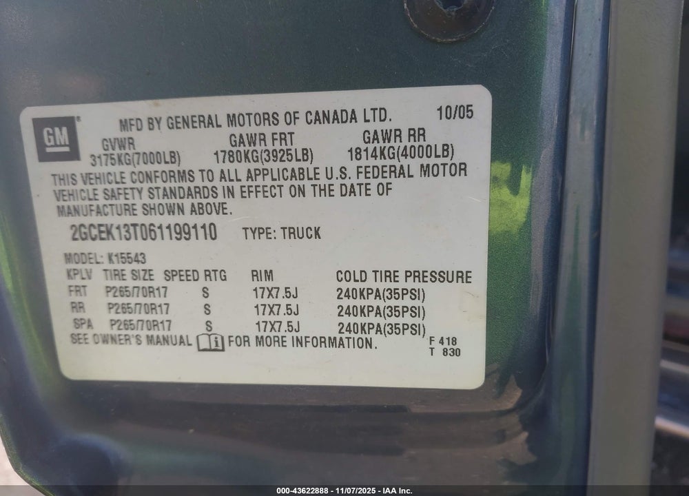 2006 CHEVROLET SILVERADO 1500 LT3 VIN: 2GCEK13T061199110