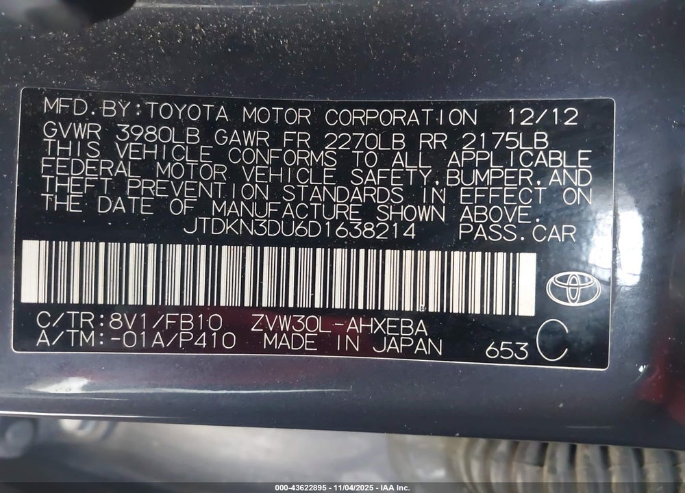 2013 TOYOTA PRIUS TWO VIN: JTDKN3DU6D1638214