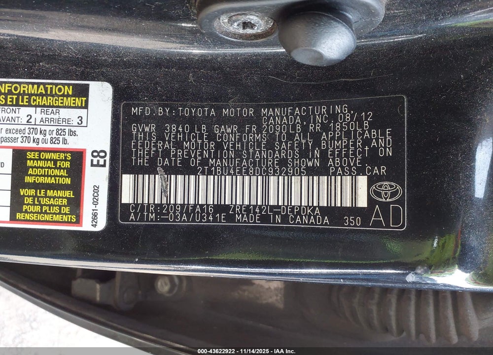 2013 TOYOTA COROLLA L VIN: 2T1BU4EE8DC932905