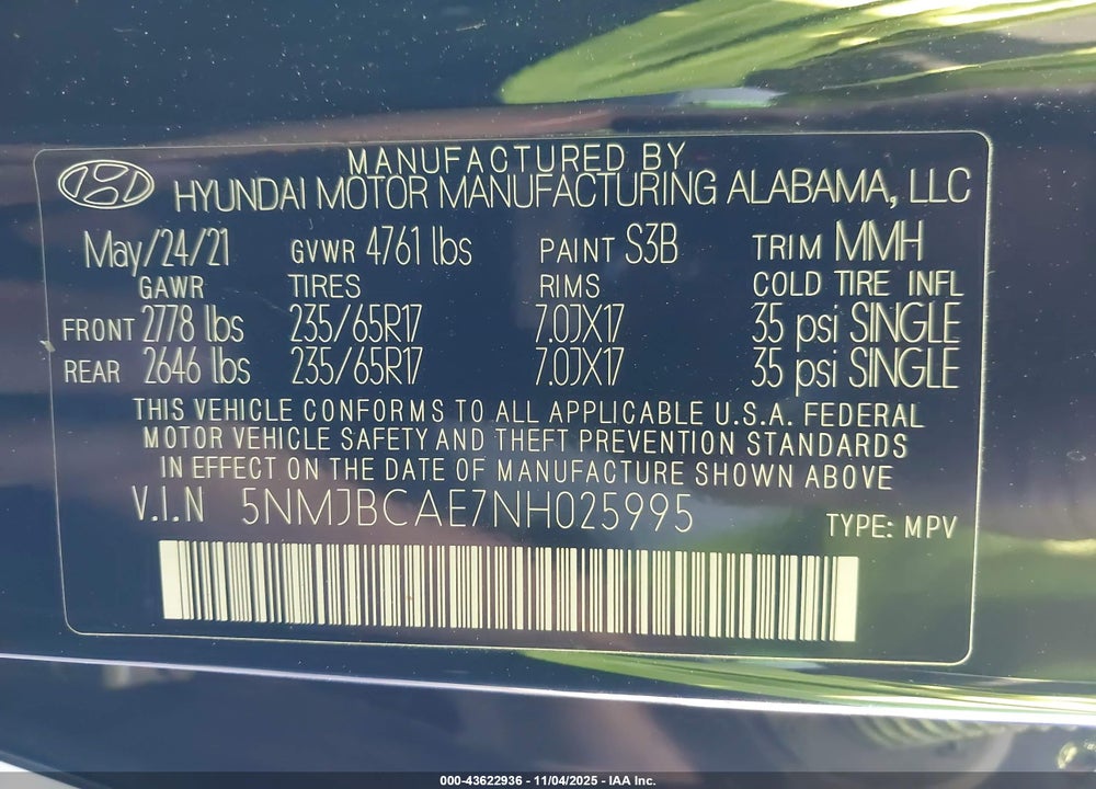 2022 HYUNDAI TUCSON SEL VIN: 5NMJBCAE7NH025995
