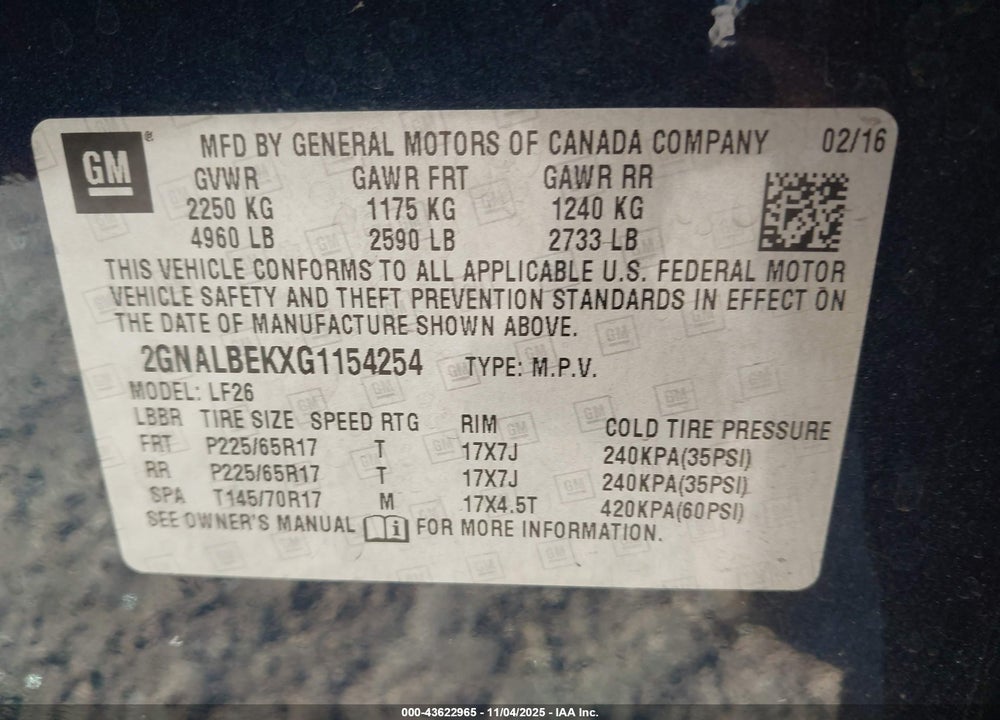 2016 CHEVROLET EQUINOX LS VIN: 2GNALBEKXG1154254