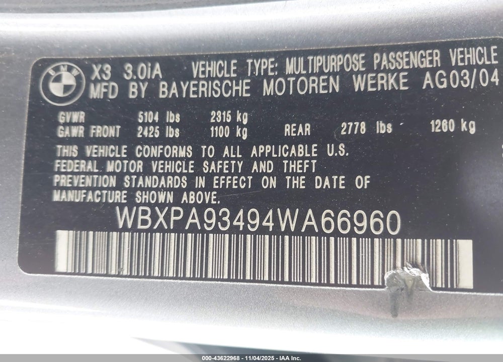 2004 BMW X3 3.0I VIN: WBXPA93494WA66960