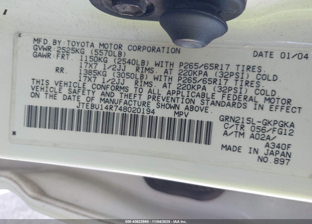 2004 TOYOTA 4RUNNER SR5 V6 VIN: JTEBU14R748020194