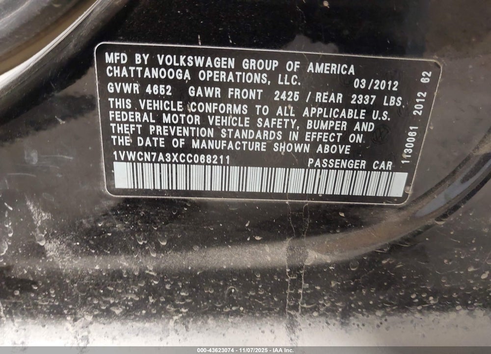 2012 VOLKSWAGEN PASSAT 2.0L TDI SEL PREMIUM VIN: 1VWCN7A3XCC068211